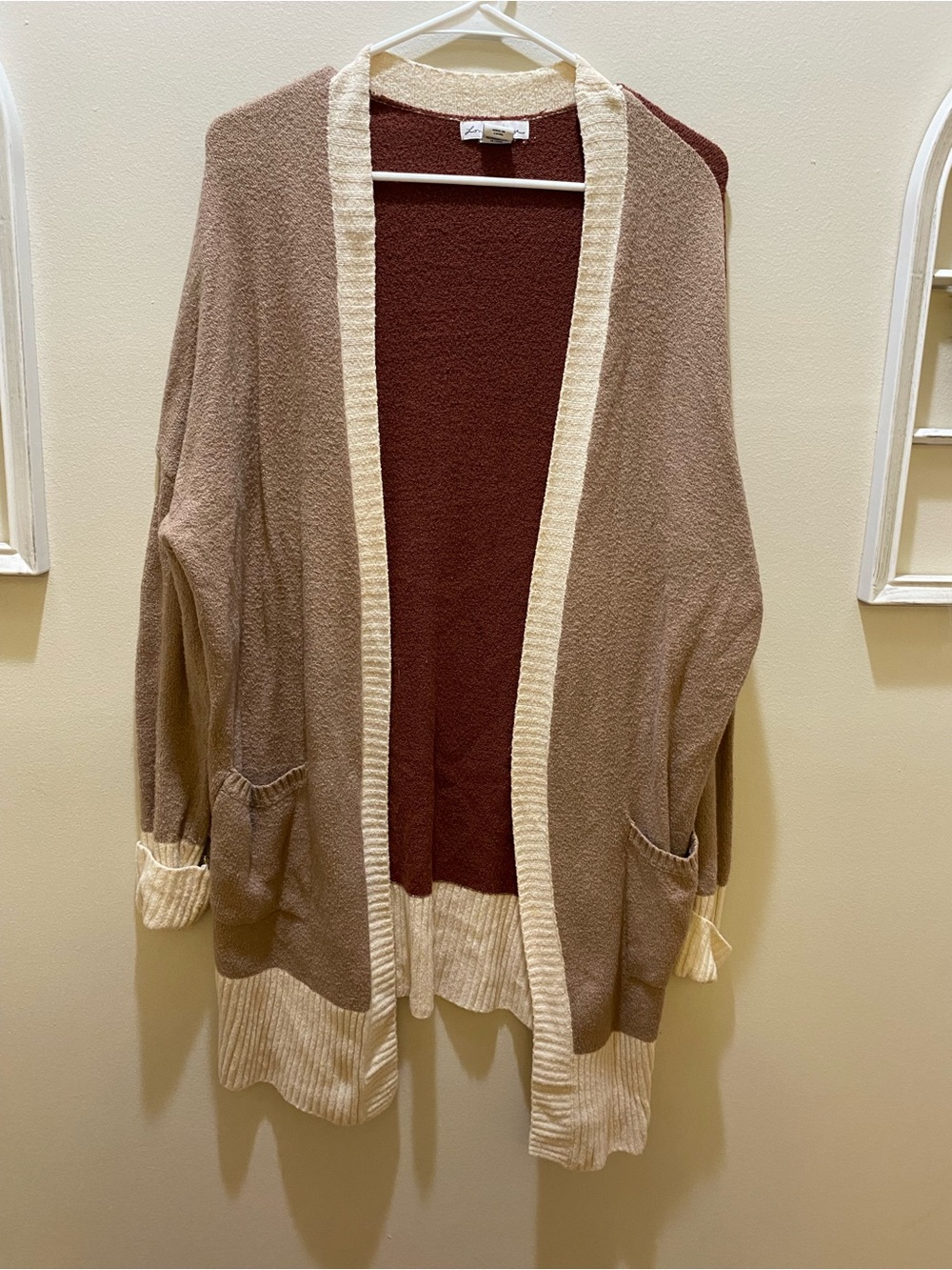 Open-Front Colorblock Cardigan Sweater - Brown, Cream